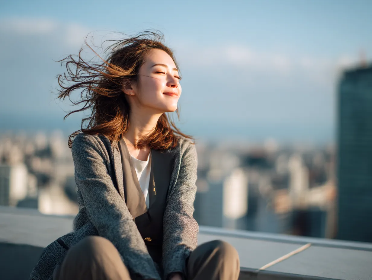 風を感じる女性の憧れの瞬間｜高層ビルの屋上で風に吹かれる女性が穏やかに目を閉じて微笑む姿が印象的。柔らかな逆光と髪の動きが、憧れを胸に未来を想う静かな時間を表現している。