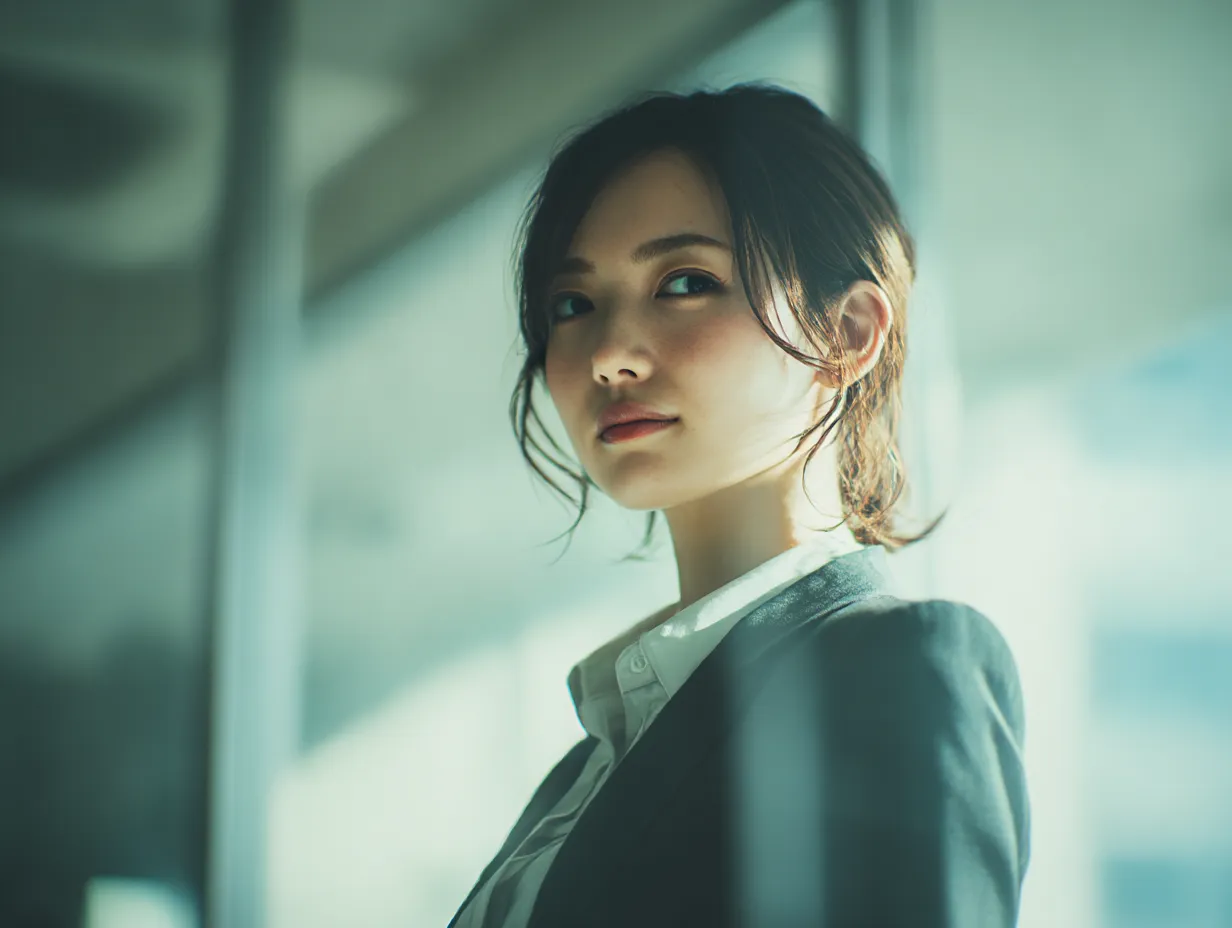働く女性と静かなガラス越し構図｜ガラスに反射する光と共に佇む働く女性が、静かな気品をまとった印象を与えます。透明感のある色調と奥行きのある構図が、上質なビジネス用途に応える素材です。