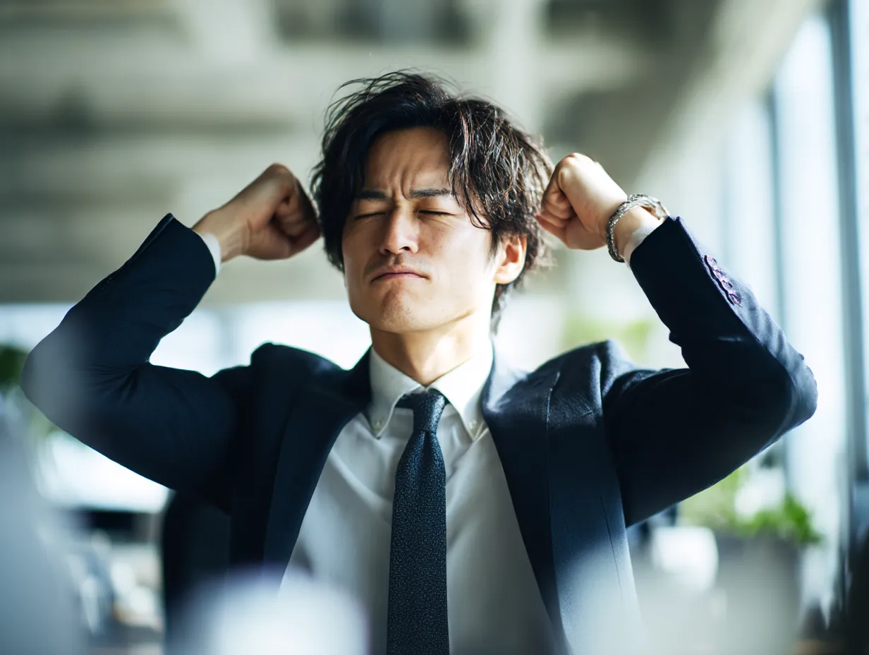 喜ぶビジネスマンのガッツポーズ｜力強くガッツポーズをするスーツ姿の男性。成功の瞬間を象徴する動きが、前向きなエネルギーと喜ぶ感情をダイレクトに伝える素材です。