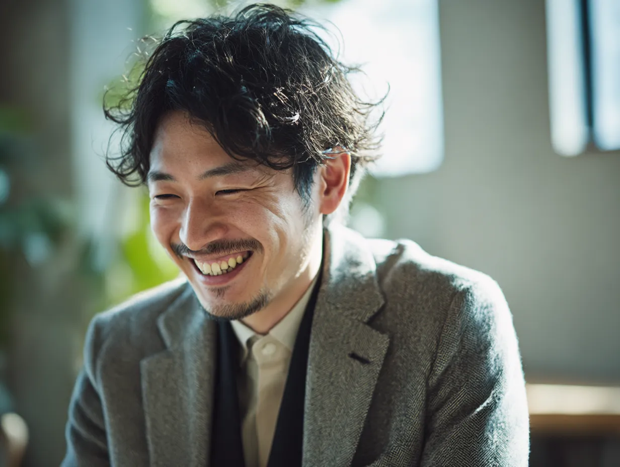 喜ぶ笑顔のビジネスマン｜柔らかく笑う男性の表情が印象的なシーン。自然光とスーツの組み合わせがビジネスの温かみを感じさせ、喜ぶ雰囲気を醸し出しています。