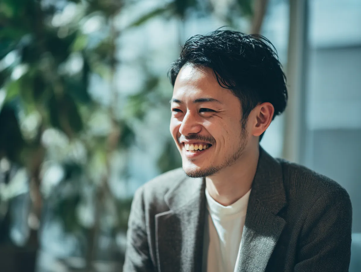 喜ぶビジネスマンの横顔｜柔らかな光の中でほほえむ男性の横顔が、知性と余裕を感じさせます。オフィスシーンにおける喜ぶ瞬間をスマートに表現しています。