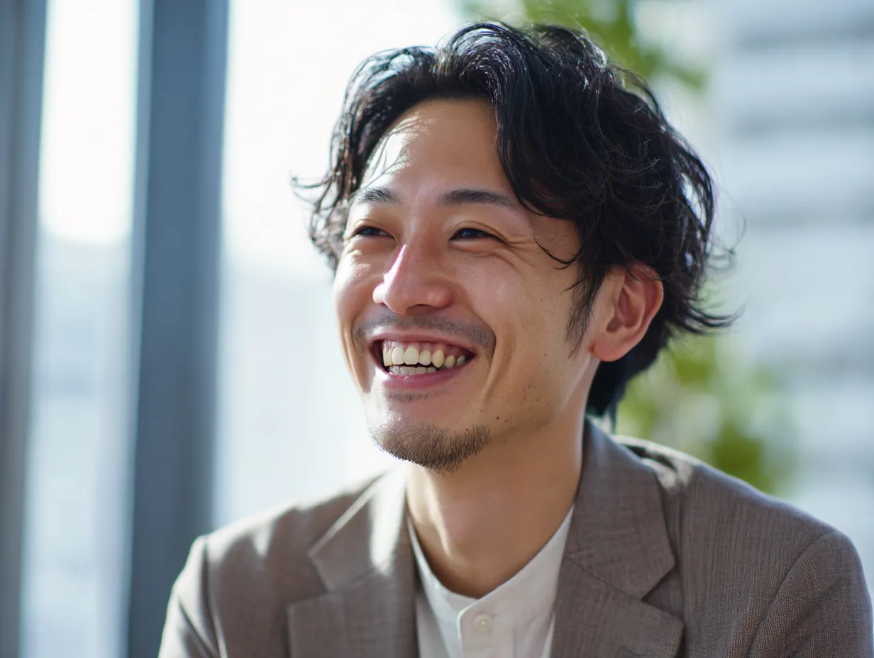 喜ぶビジネスマンの上向き笑顔｜明るい窓辺で見せる開放的な笑顔が印象的。ナチュラルな表情が、希望やポジティブさ、そして喜ぶ感情を爽やかに伝えてくれる素材です。