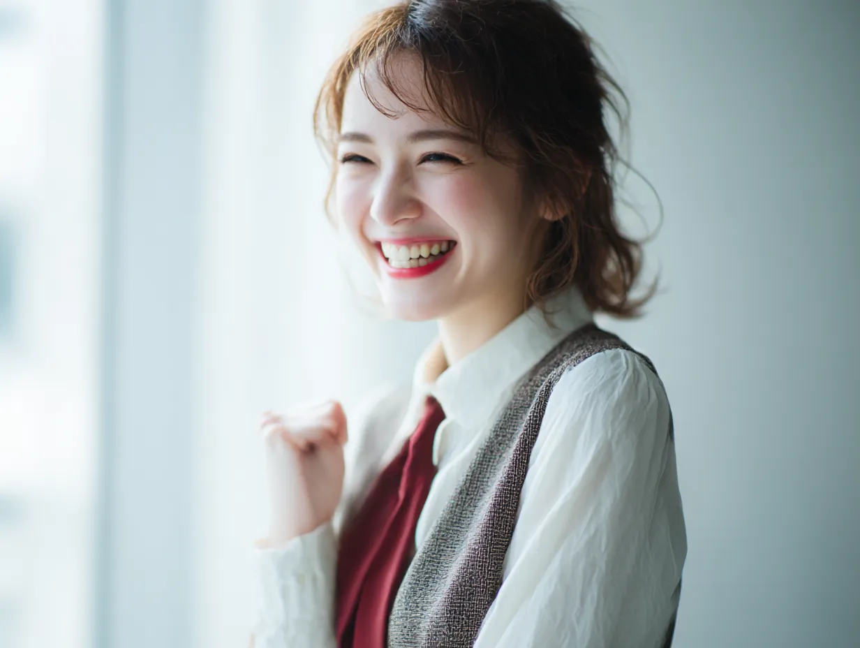 喜ぶ仕草の若手社員｜ガッツポーズ気味の動きと明るい笑顔が、前向きな成果や達成感を感じさせます。柔らかい光が喜ぶ気分をより引き立てる演出です。