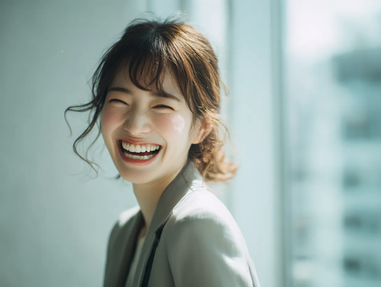 喜ぶ表情の女性社員｜光を浴びながらこちらを見てほほえむ女性が、開放感と信頼感を伝えます。晴れやかな雰囲気の中に喜ぶ感情が自然とにじみ出ています。