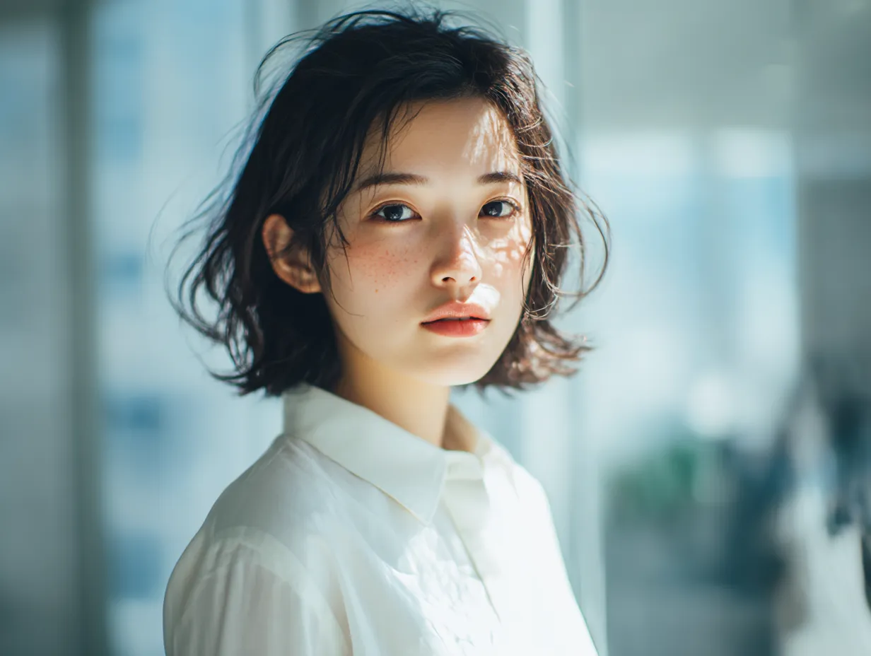働く女性と柔らかな朝の光｜自然光が差し込む室内で、無垢な表情を見せる働く女性。全体に柔らかな色調と空気感が漂い、オフィスの静けさと集中を感じさせるビジネス写真素材として活用できます。