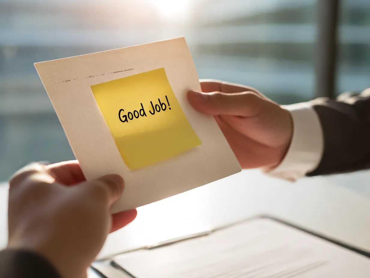 goodメッセージの付箋カード｜「Good Job!」のメッセージが書かれた付箋を手渡す場面が、感謝や称賛の文化を象徴。small goodな言葉が職場に温かさを生み出します。