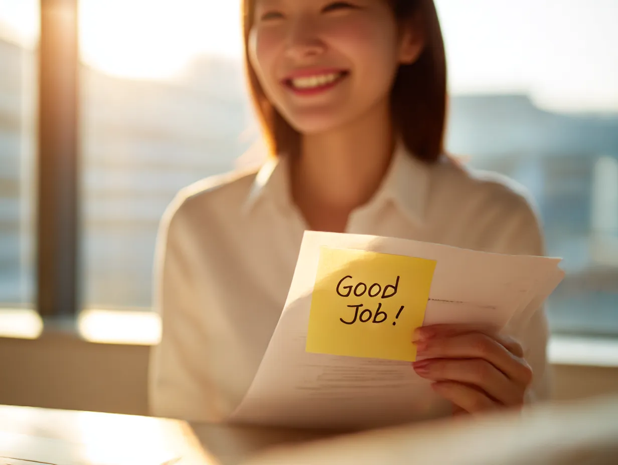 good評価を受け取る女性社員｜逆光の中、笑顔で評価メッセージを持つ女性が、称賛の瞬間を印象づけます。シンプルながらgoodな感情がしっかり伝わる一枚です。