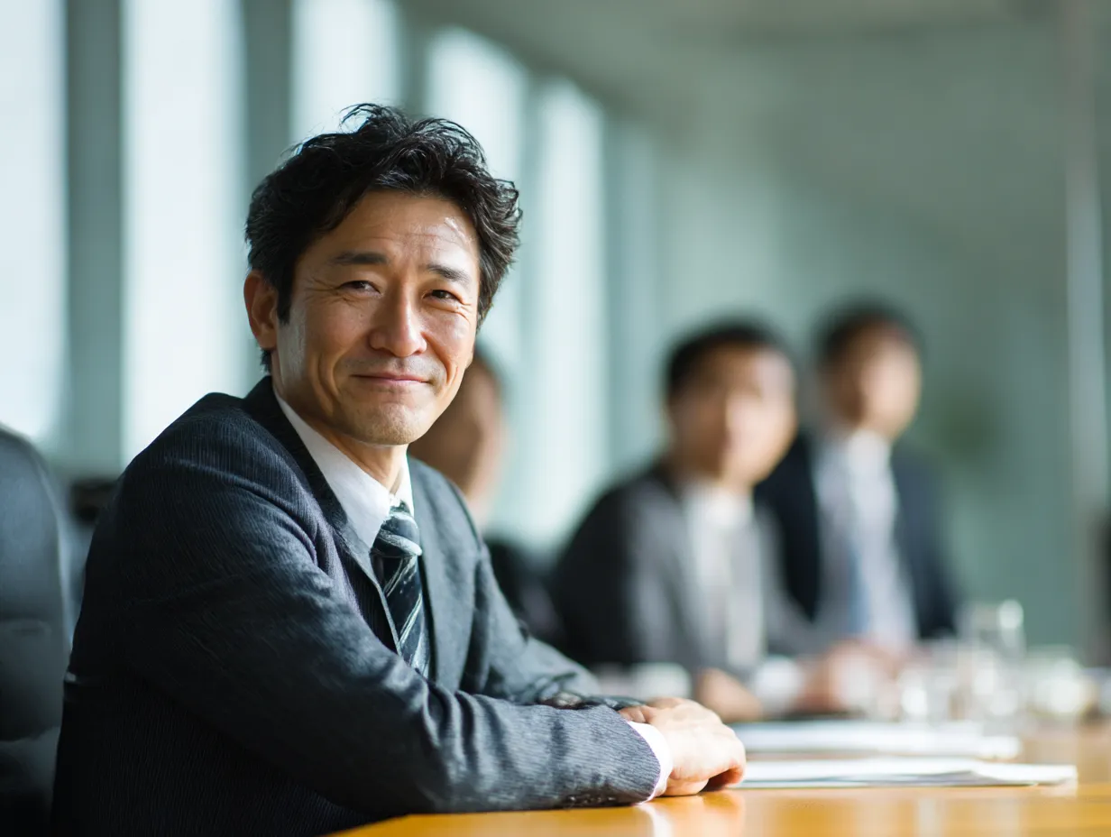 いいねを伝えるビジネスマン｜会議室で微笑むビジネスマンの表情が柔らかく、信頼感や安心感を演出します。フォーマルなスーツ姿と自然光が調和し、いいねというポジティブな印象を強める素材です。