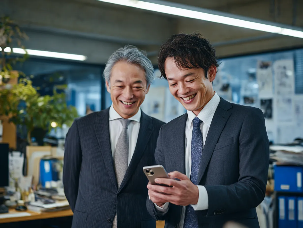 いいねでつながる上司と部下｜スマートフォンを見ながら笑顔を交わす上司と部下の自然な表情が、信頼関係や円滑な社内コミュニケーションを表現。いいねの象徴として活用しやすい一枚です。