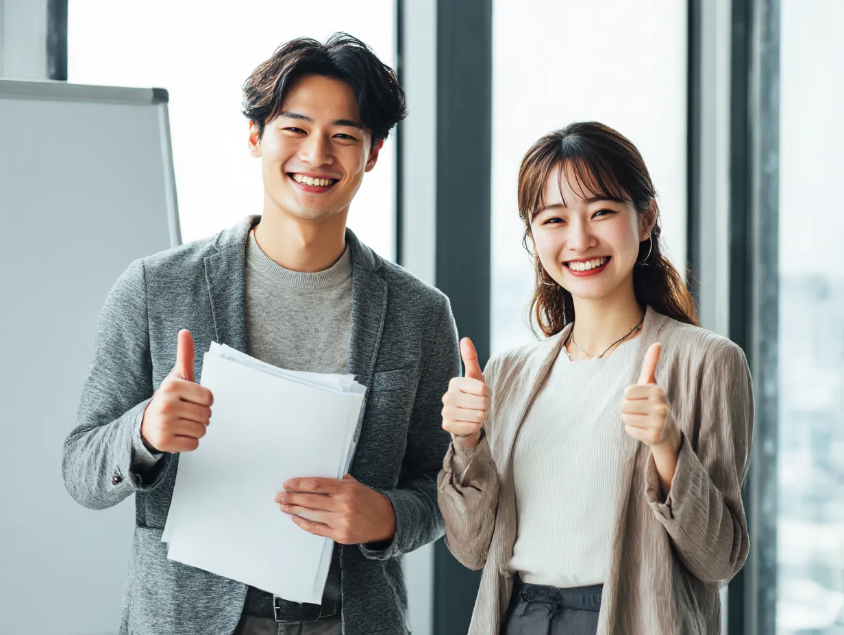 いいねで伝えるチームの笑顔｜若手社員二人が親しみやすい笑顔で親指を立てる姿が、信頼感とチームワークを象徴します。いいねの意図が一目で伝わる活用度の高いビジネス素材です。