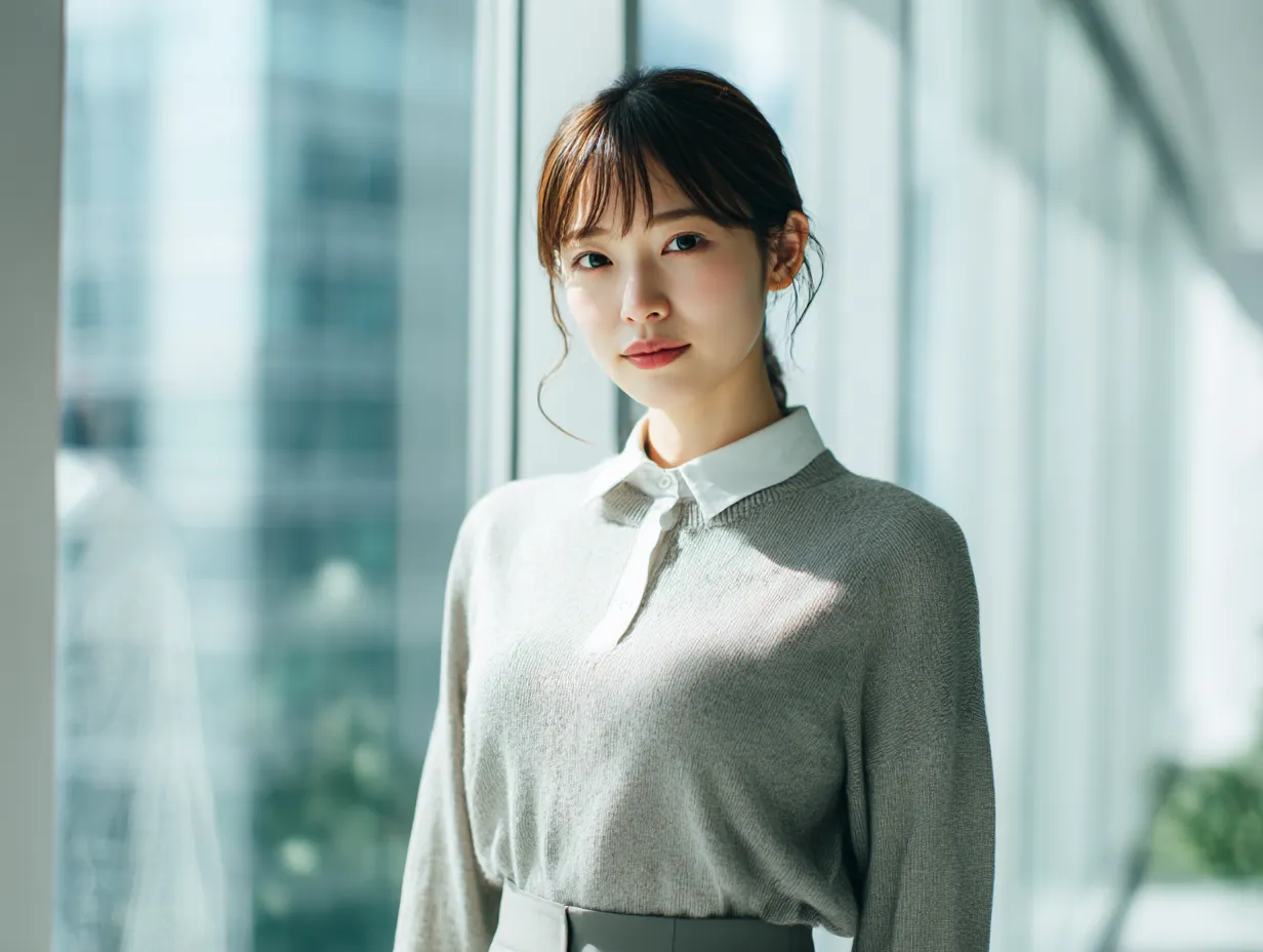 働く女性とガラス越しの光景｜都会的な窓辺に立つ働く女性の穏やかな表情が印象的。ナチュラルな光が服の質感を際立たせ、ビジネスの現場で活躍する働く女性の自然体を捉えた写真素材です。
