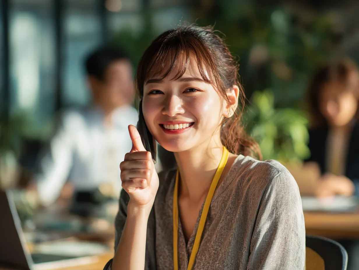 いいねを交わす若手社員｜自然な日差しのなかでサムズアップする女性が職場に調和する様子を描写。明るさと清潔感があり、いいねの意思表示を視覚的に伝える素材です。
