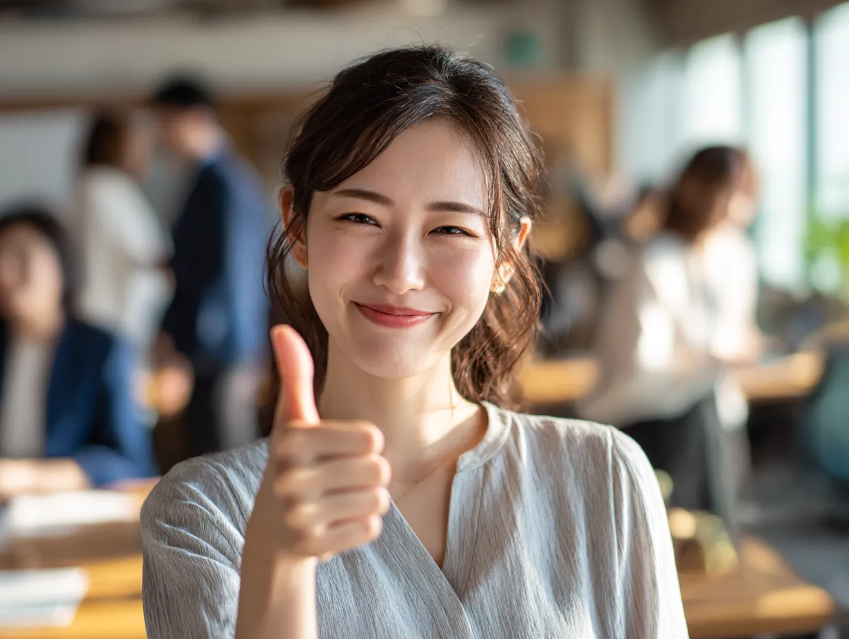 いいねで好印象を届ける女性｜透明感ある光と温かな表情が重なり、信頼や好感度を演出。指を立てるポーズがいいねの象徴となり、プレゼン資料などにも効果的なビジネス写真です。