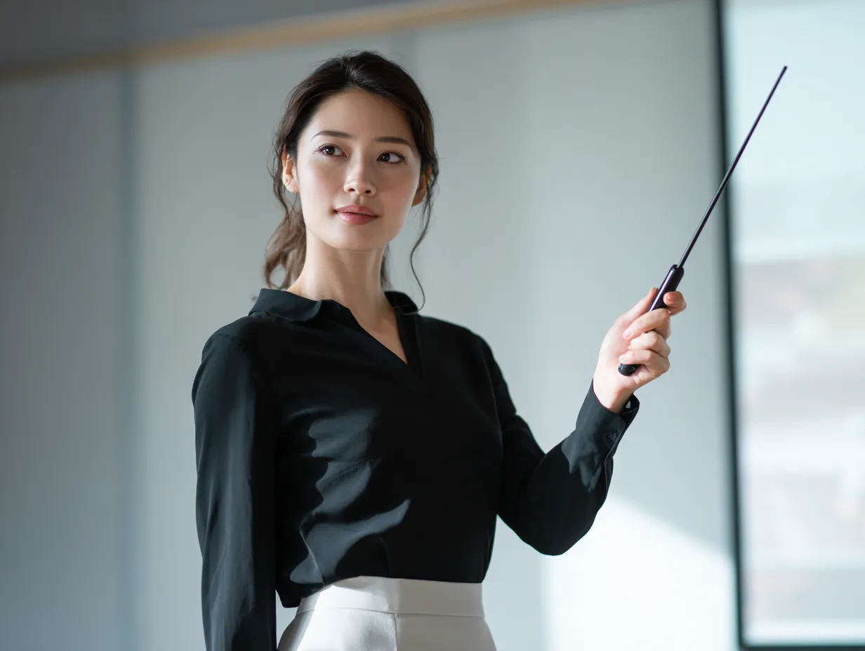 pointに視線を集める解説風景｜斜め構図でプレゼン中の女性が視線を向け、指示棒で要点を示す構成が魅力的。やわらかな光が知的で優しい雰囲気を演出し、pointの伝達に効果的です。