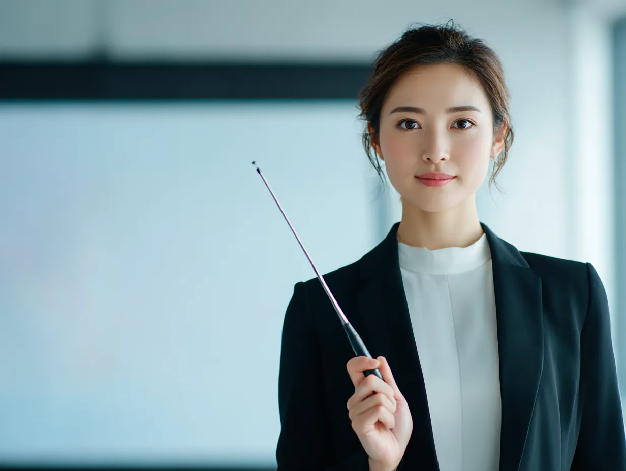 pointを強調する女性の目線｜真正面から捉えた姿勢と落ち着いた背景により、誠実さと意志の強さを感じさせます。シンプルな構図ながら、ポイントを明快に伝える用途に適しています。