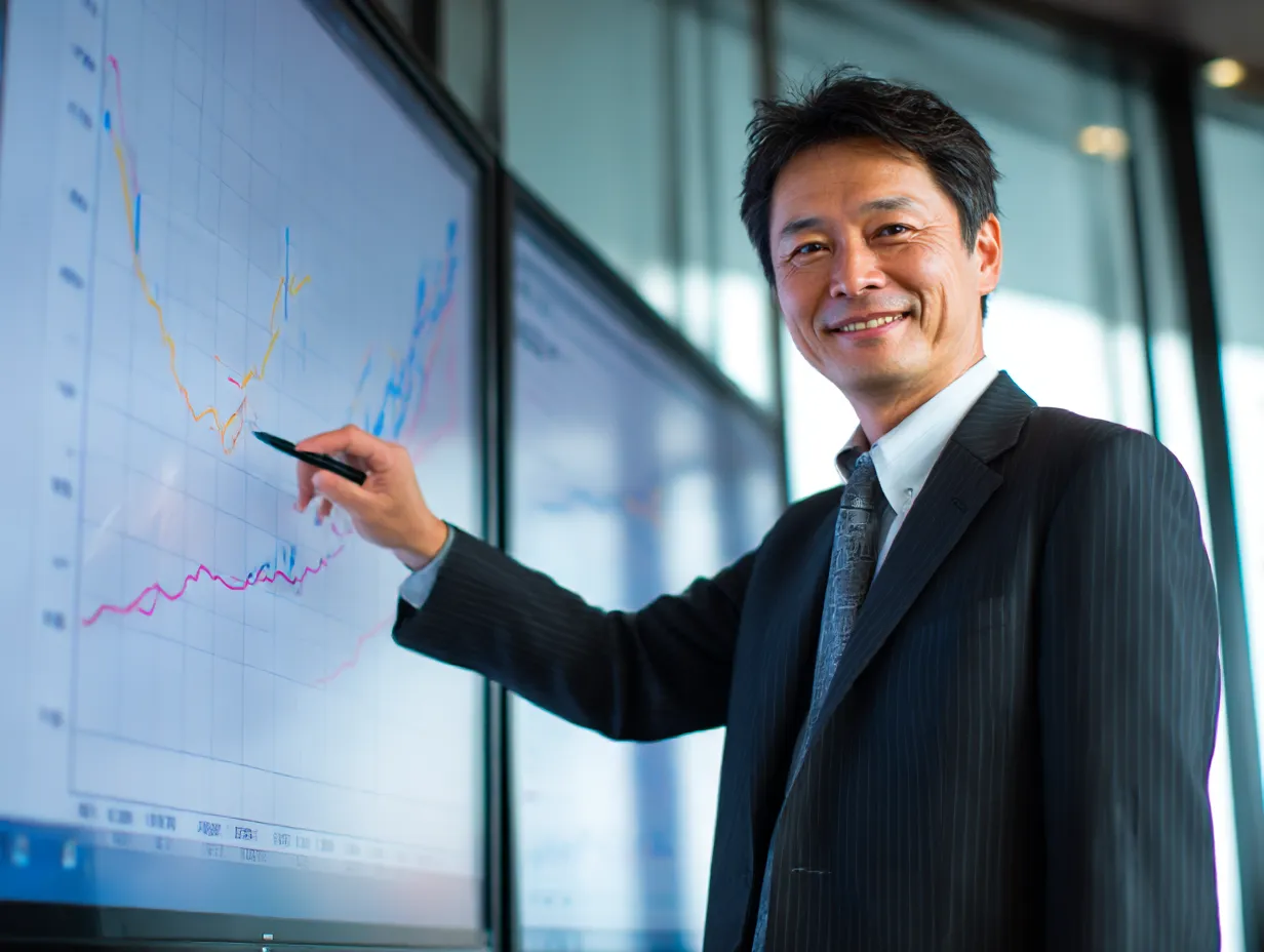 ポイントを押さえる中堅社員｜大型モニターのグラフを指し示しながら笑顔で説明するスーツ姿の男性が、信頼と経験を感じさせます。分析や報告のシーンにぴったりなポイント提示素材です。
