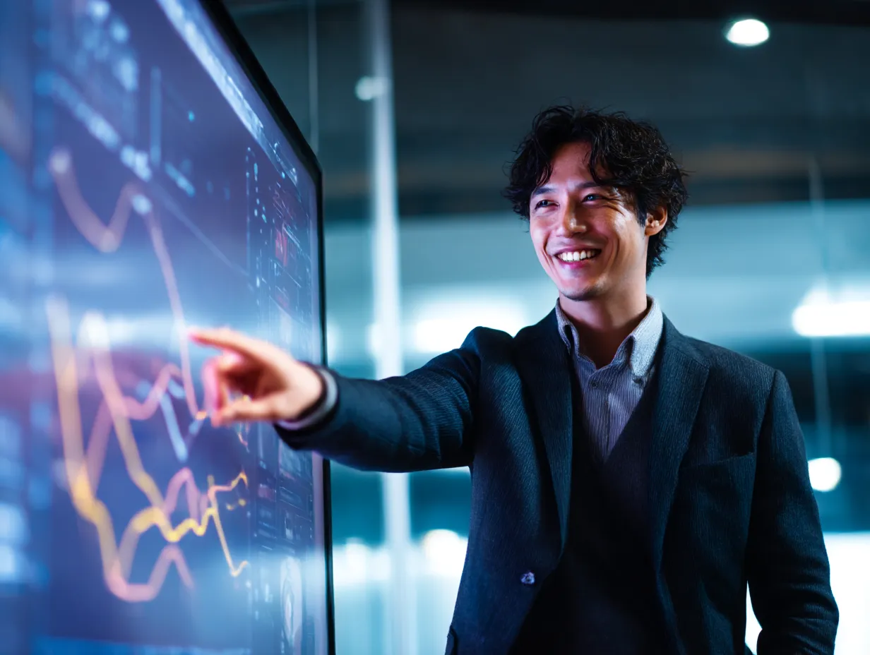 ポイントに笑顔で迫る若手社員｜光沢あるモニターに指を伸ばす姿と満面の笑みが印象的で、ポジティブな雰囲気に満ちた一枚。わかりやすくポイントを伝える説得力ある素材です。