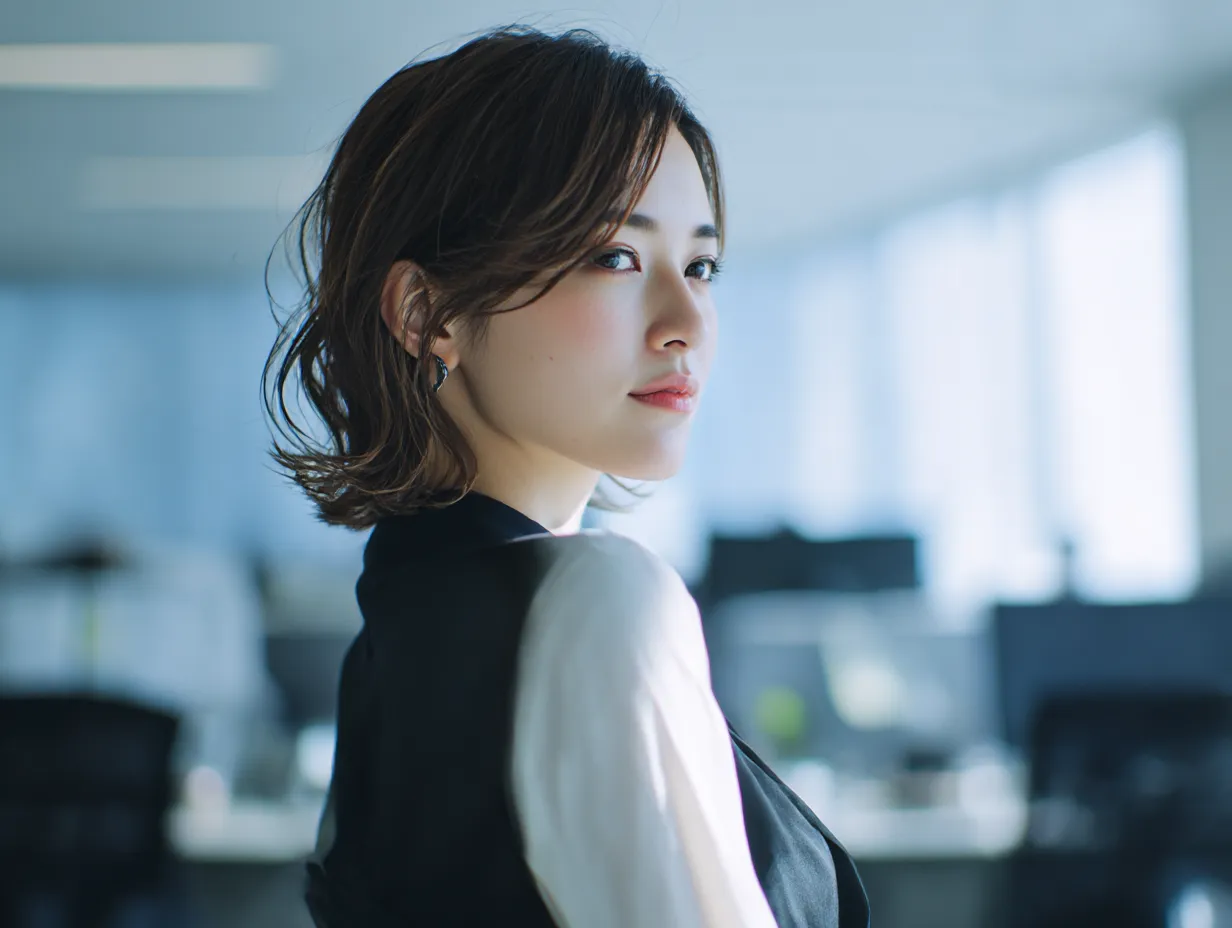 働く女性と振り返るオフィス姿｜振り向きざまの表情に知的な余裕を感じさせる働く女性。光が差し込むオフィスの中で柔らかく描かれた背景が、働く女性のプロフェッショナルな印象を引き立てます。