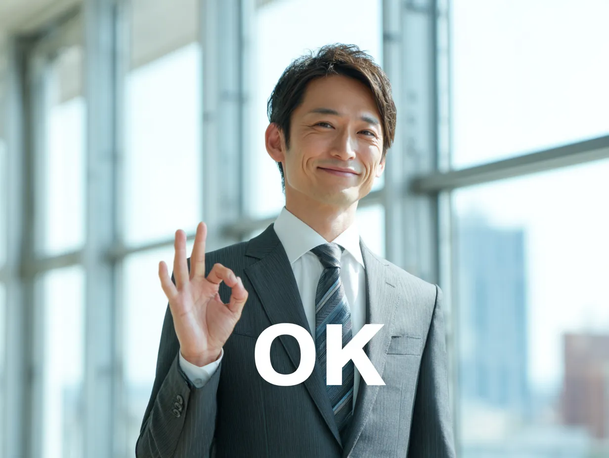 OKを示す笑顔のビジネスマン｜明るい窓辺の逆光が爽やかな雰囲気を演出し、スーツ姿の男性がOKサインで自信を表現。ビジネスシーンでの了承や承認のイメージに最適な構図です。