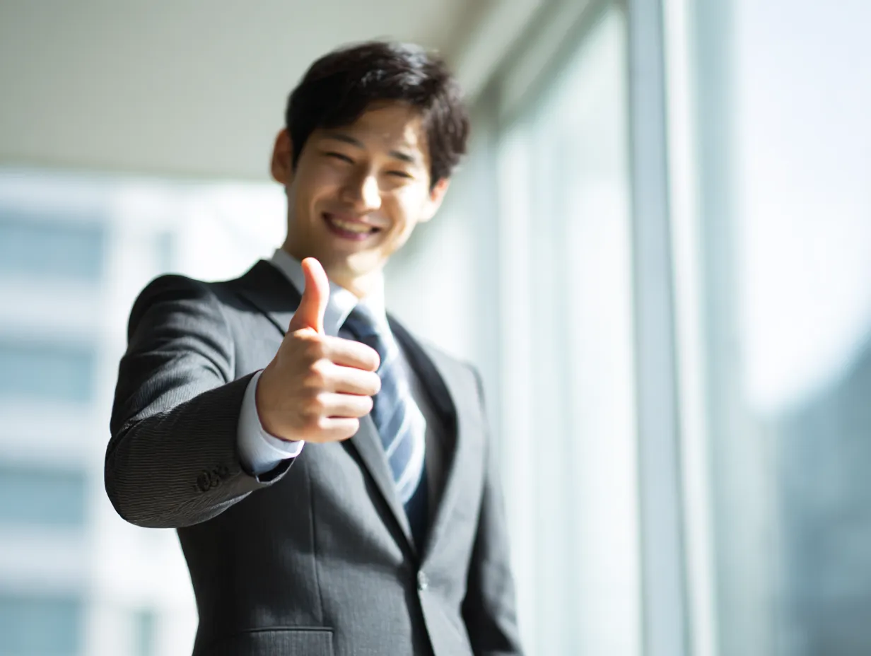 丸アングルが映える笑顔の営業マン｜明るい自然光の中、笑顔で親指を立てる男性をややローアングルで捉えた写真。好印象と自信を伝える構図により、丸の要素が自然に空間と調和している。