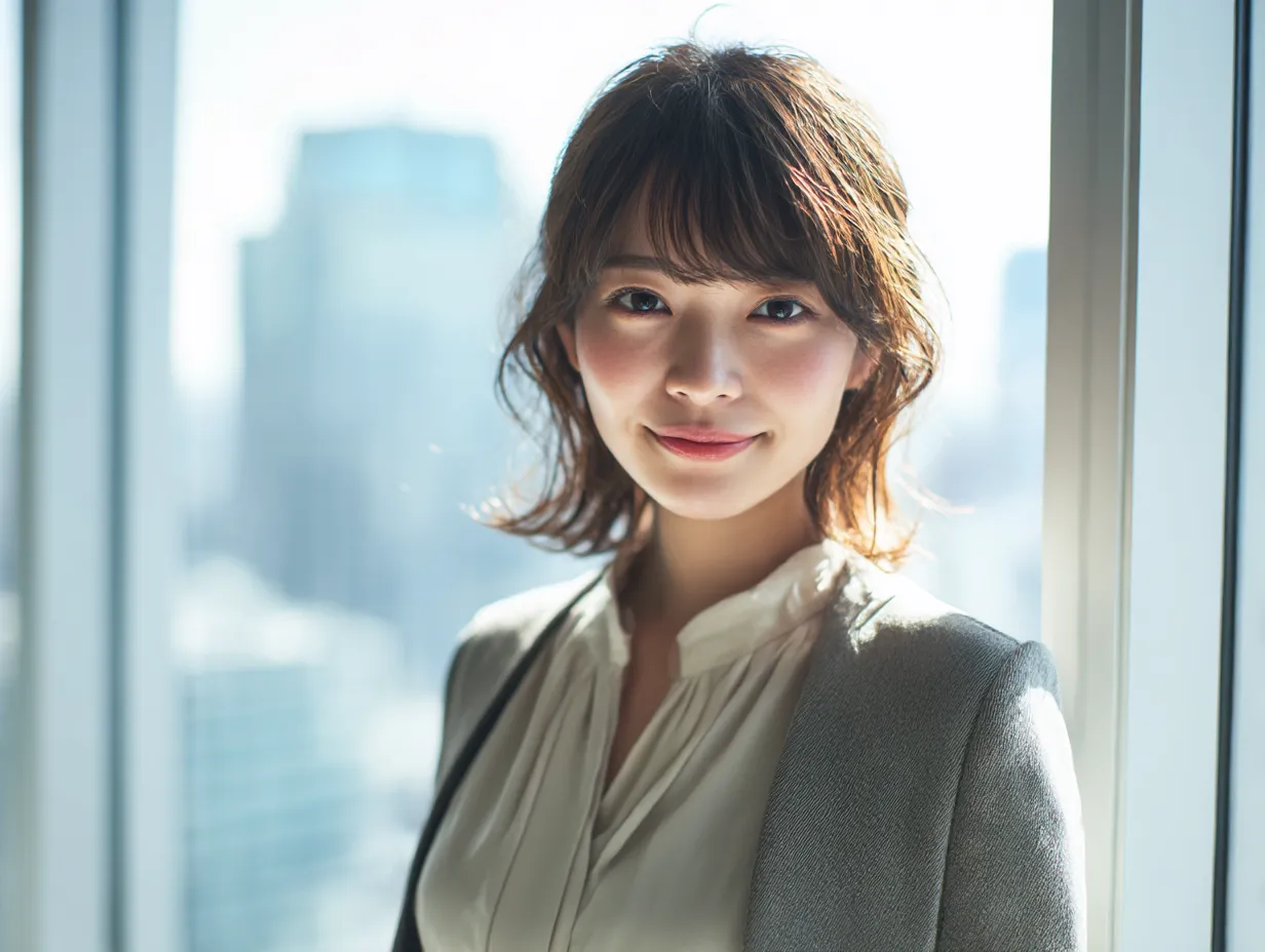 働く女性とやさしい微笑み｜都会の高層ビルを背景に、やわらかな笑顔を見せる働く女性。光の加減が温かみを与え、企業紹介やキャリアシーンに使いやすいポジティブなビジネス写真素材です。