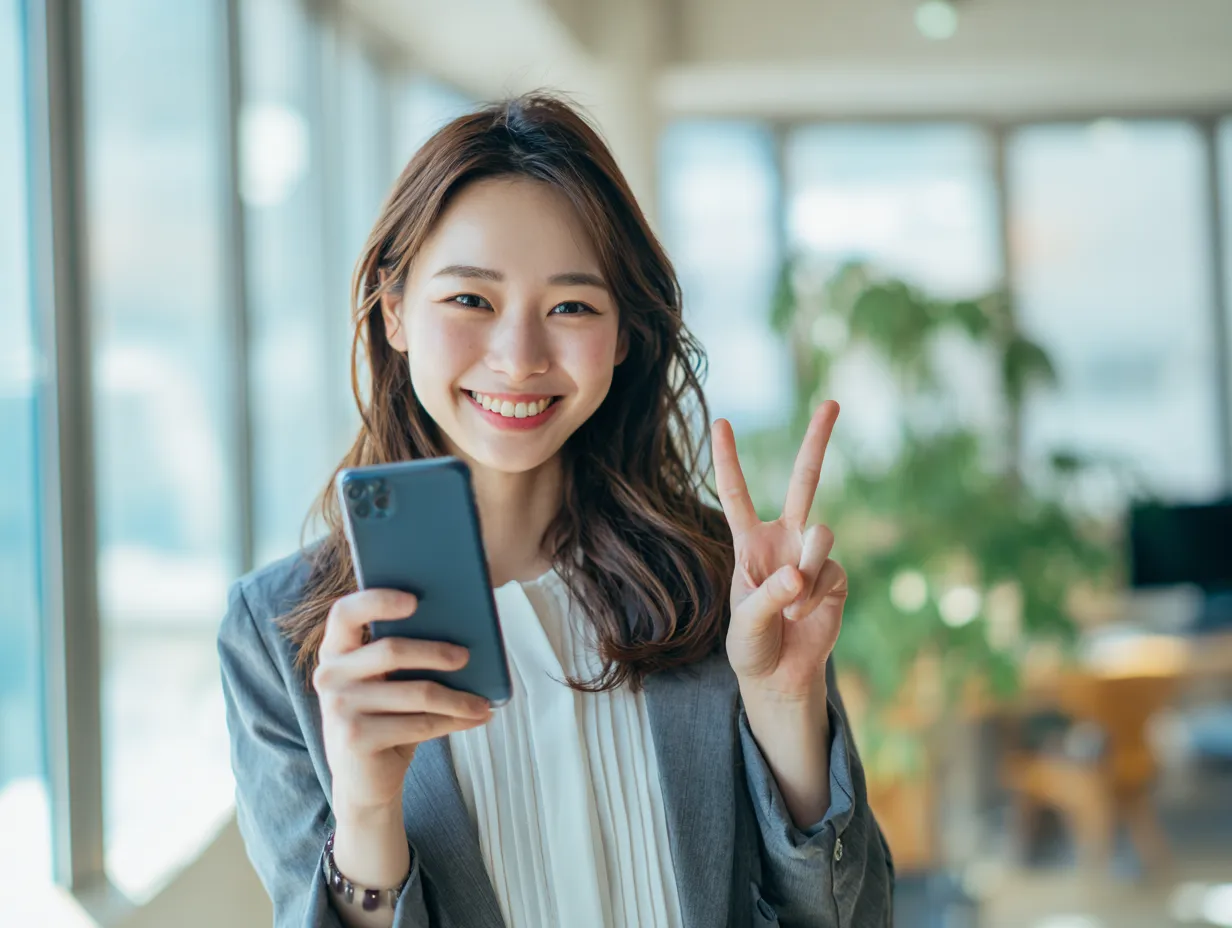 丸スマイルが輝く若手社員｜明るいオフィスの自然光を活かし、Vサインとスマートフォンを手にした女性の笑顔が印象的。ポーズ全体に丸を感じさせる柔らかさがあり、フレンドリーなビジネス感を演出。