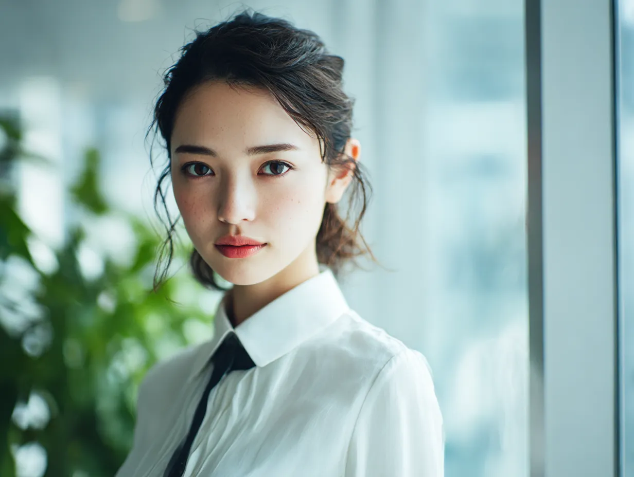 働く女性と植物のあるオフィス｜緑を背景に撮影された働く女性の表情に、誠実さと清潔感がにじみます。ナチュラルな配色と自然光が調和し、働く女性の人柄を感じさせる素材に仕上がっています。
