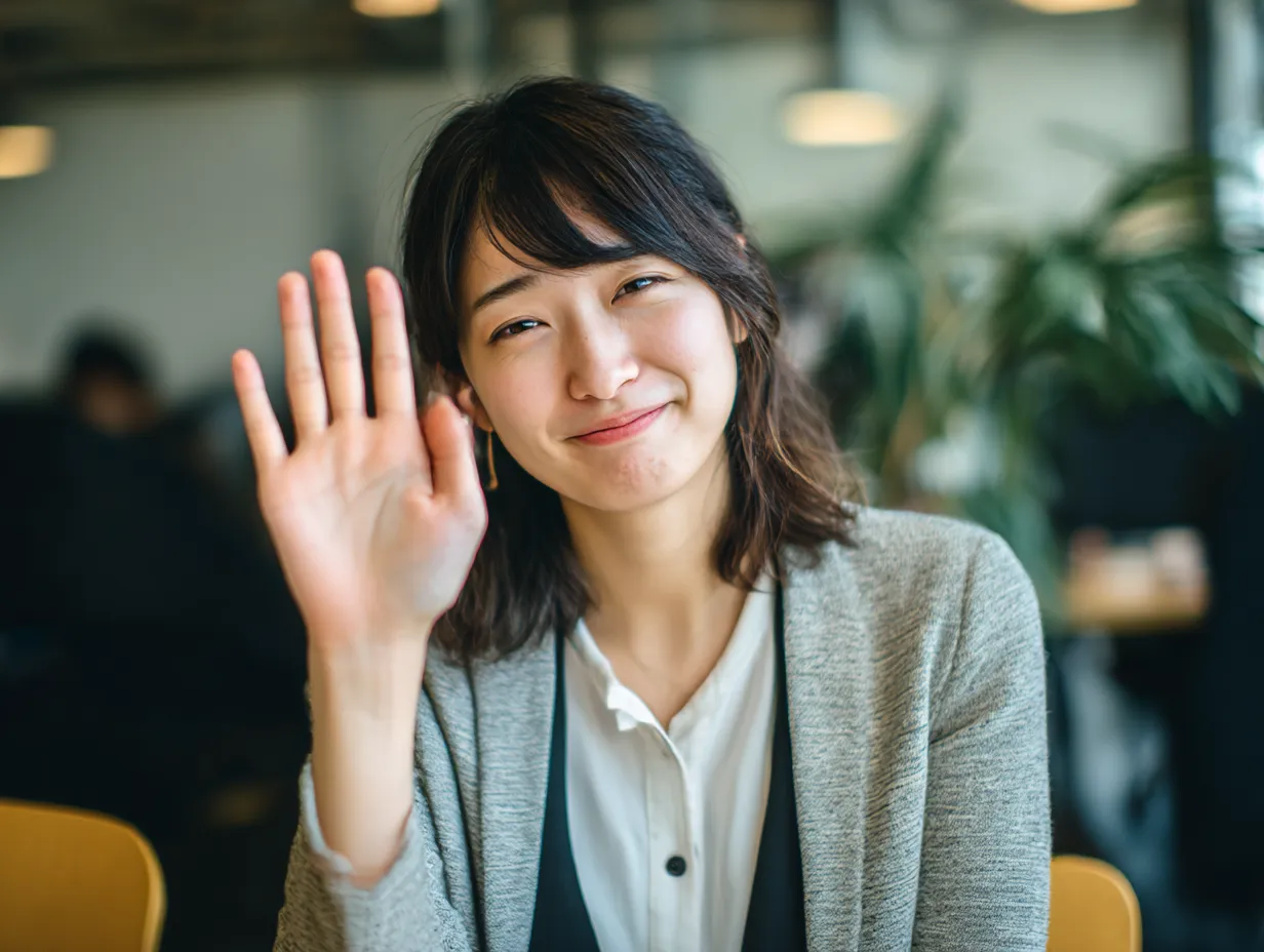 バツの代わりに微笑みジェスチャー｜穏やかな笑顔で手のひらを見せる女性の仕草が印象的。バツのように否定せず、優しい断りや中立を表現する演出として、柔らかな印象を与える。