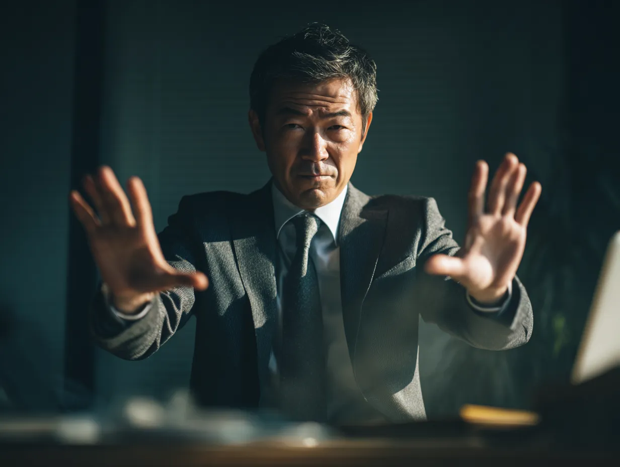 NGを示す両手ジェスチャーの男性｜逆光の中で両手を突き出す男性の表情と動きに力強さがあり、NGの意志を明確に伝える構図。表情の陰影と手の動きが、視覚的に強いインパクトを持つビジネス素材。