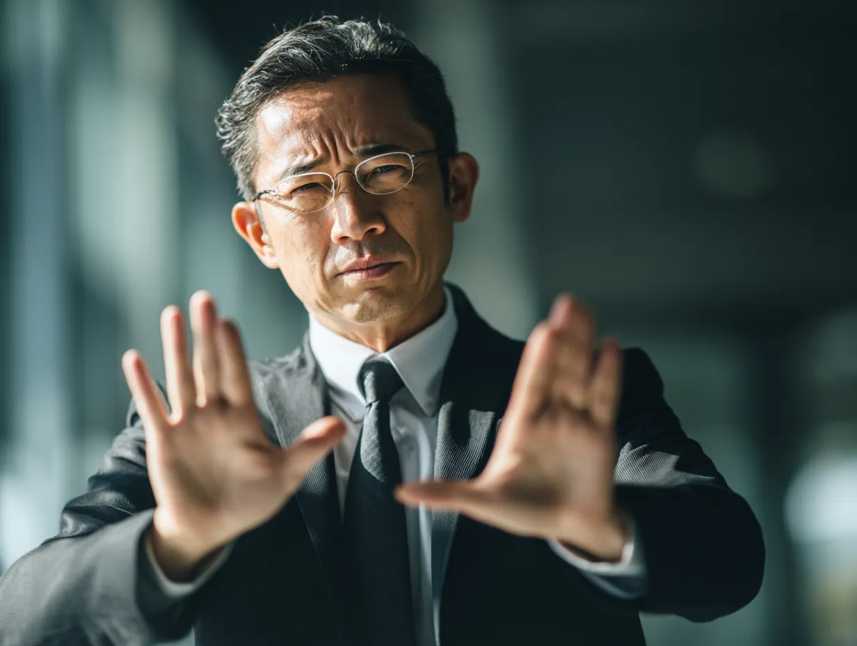 NGアピールを強調するスーツ姿｜正面に向かって両手を構える男性の鋭い視線が印象的。NGをストレートに示す姿勢が説得力を持ち、管理職やリーダー役の演出に最適。