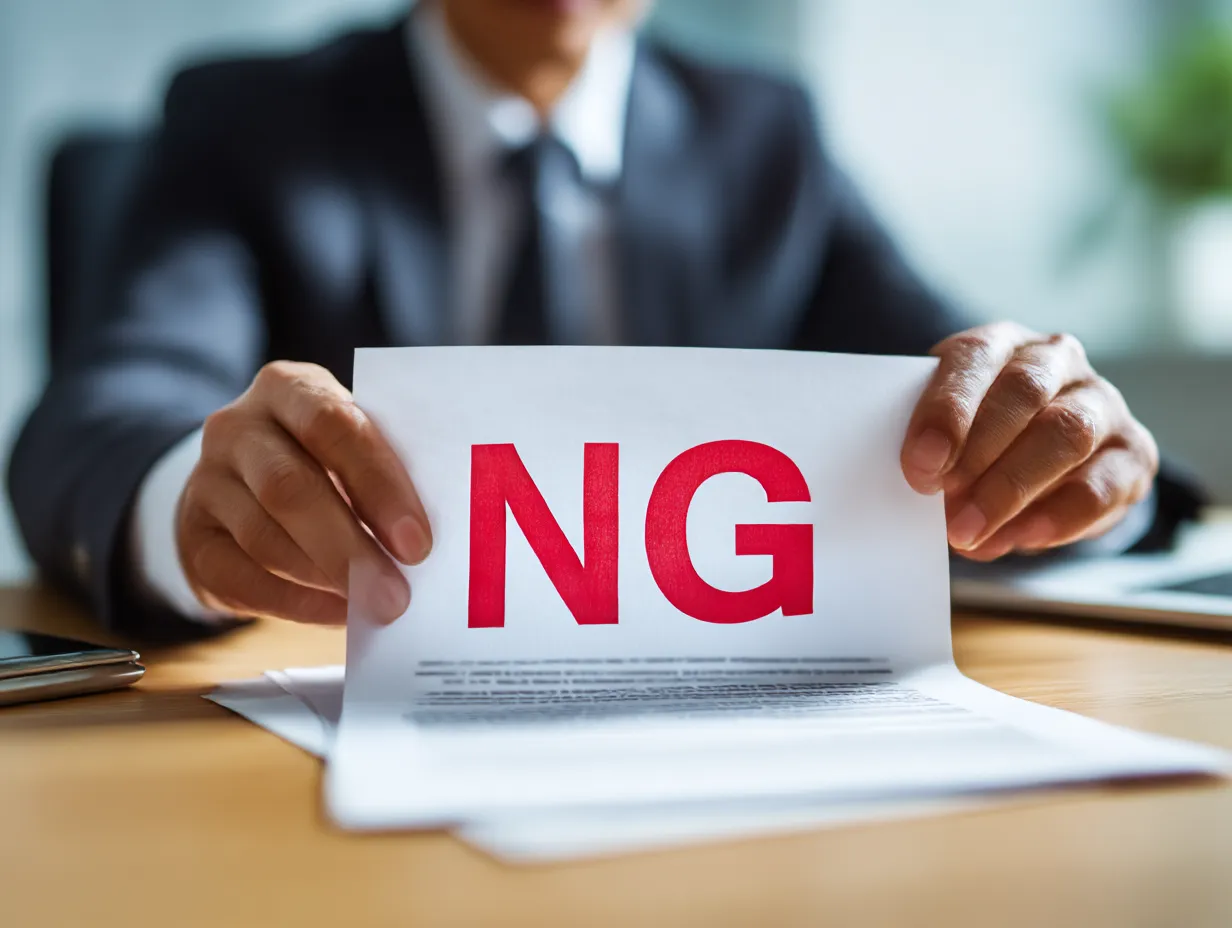 NGを明示するビジネス資料の手元｜赤いNGの文字が強調された紙を持つ構図。言葉を使わずにNGの意思を伝えられる演出で、資料確認・ミス・拒否を表現する場面に対応。