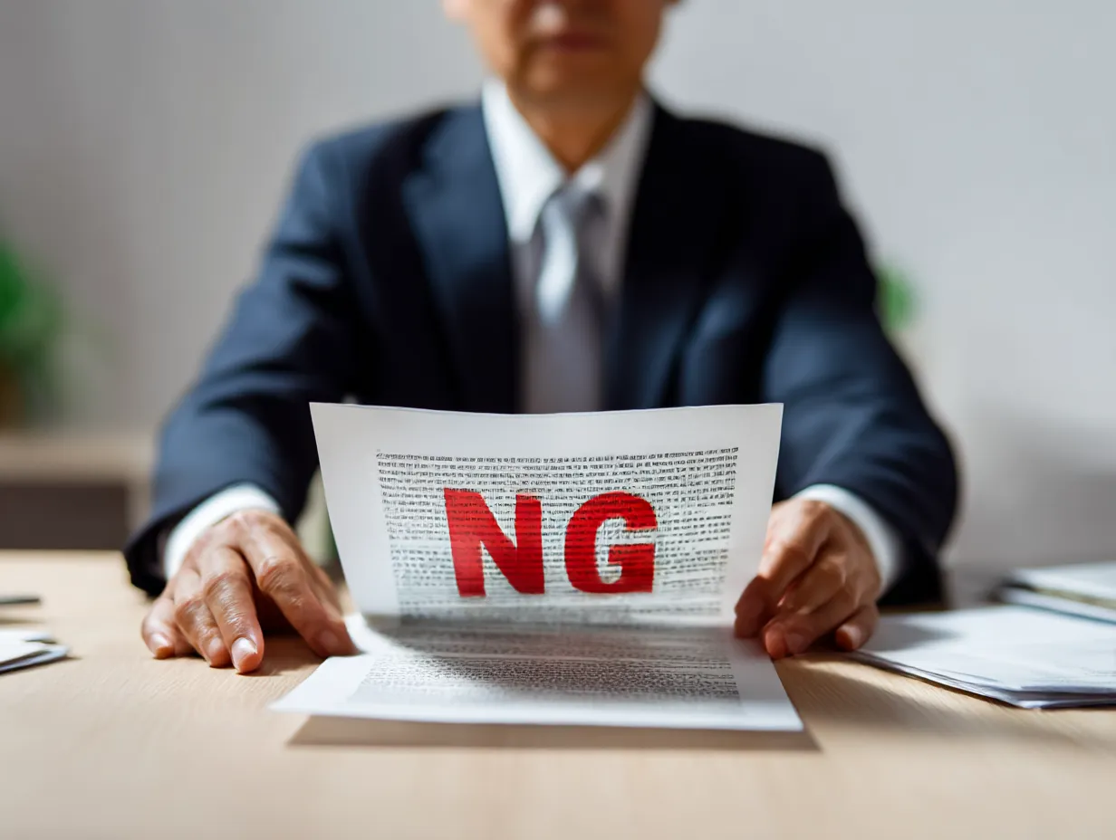 NG判定を突きつける上司｜デスク越しに「NG」と大きく書かれた書類を差し出すスーツ姿の男性。画面中央に強く配置された赤文字が印象的で、ビジネスにおける判断や評価の厳しさを端的に伝える構図です。