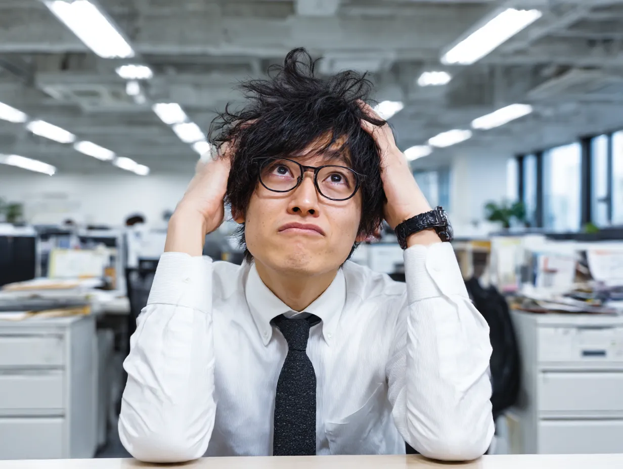 はてな状態の男性社員｜乱れた髪に両手を添え、上を見上げる男性社員の姿。忙しさや思考の混乱をリアルに表現し、ビジネスのはてなや悩みを描写する場面で使いやすい一枚です。