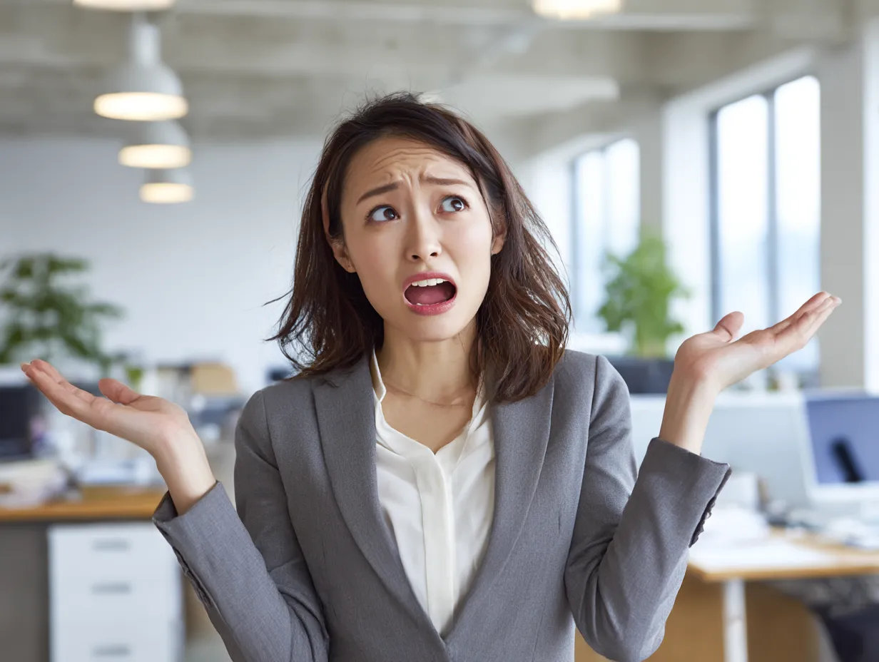 はてなリアクションの女性｜手を大きく広げ驚きの表情を見せる女性社員が主役。動きのあるポーズと明るい室内が、ビジネスの現場におけるはてなな出来事を象徴的に伝えます。
