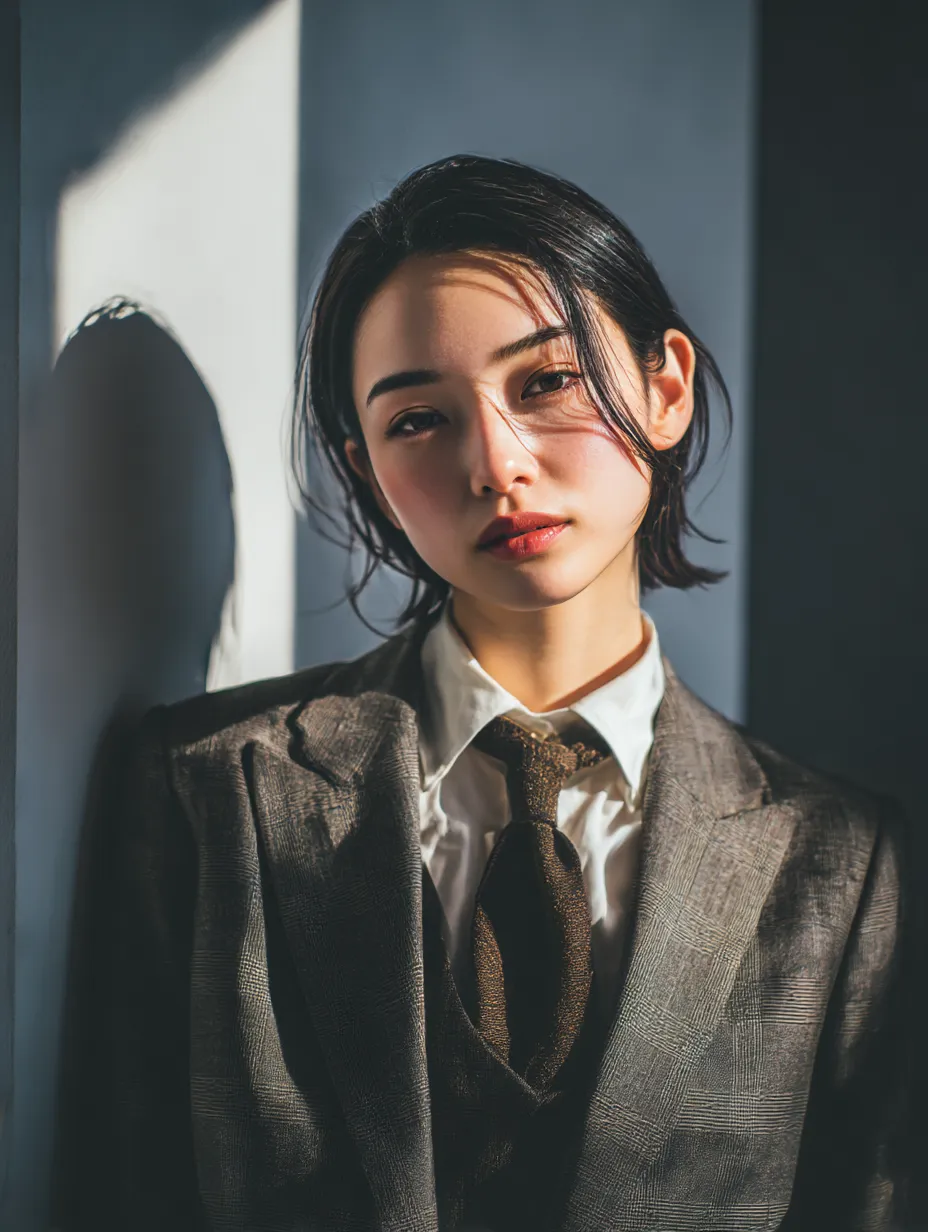 スーツ女子とアンニュイな表情｜柔らかな光と影に包まれた空間で、やや憂いを帯びた表情を浮かべるスーツ女子。繊細な色調と構図が感情を引き立て、ポートレート系ビジネス写真素材として幅広く活用可能です。
