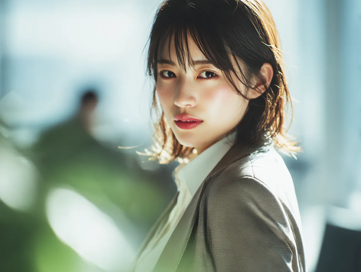働く女性と視線の奥行き｜奥行きある構図の中で、静かにこちらを見つめる働く女性。柔らかく落ち着いたトーンが、知的で芯のある印象を与えるビジネス写真素材として活用できます。