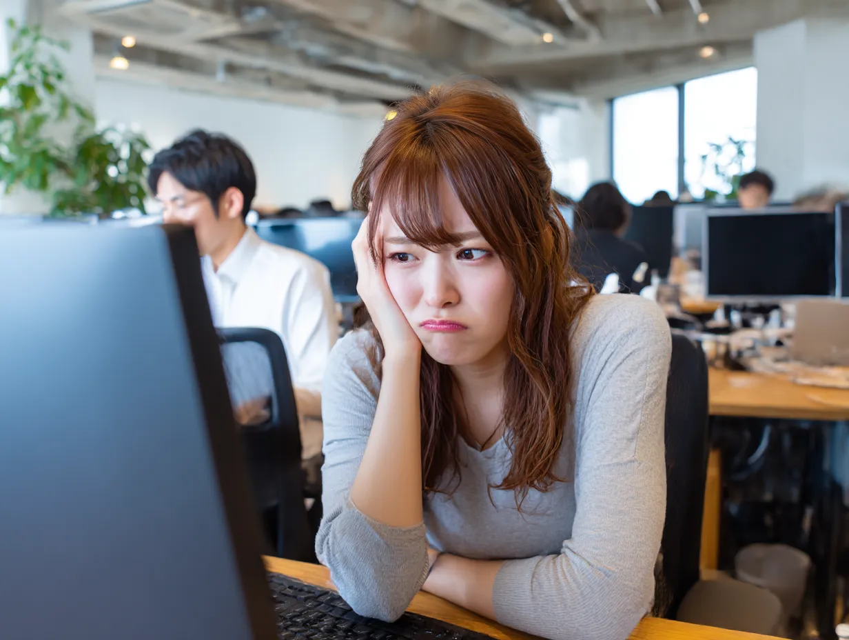 はてな顔でパソコンを見る女性｜真剣な眼差しと不満げな表情が印象的なシーン。オフィスの自然な雰囲気と重なり、はてなの気配が漂う瞬間を切り取った実用的なビジネス素材です。