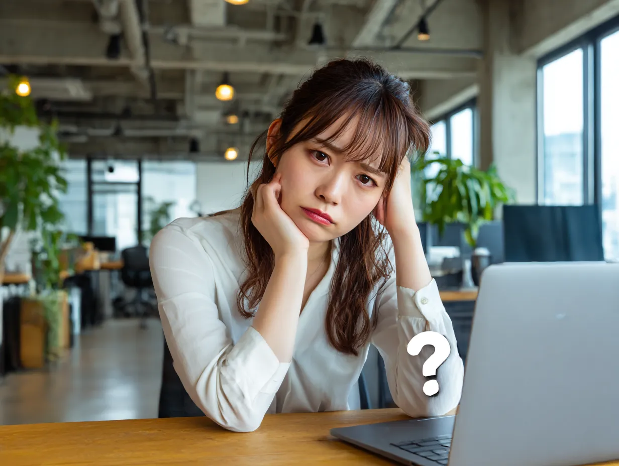 はてなに沈む女性社員｜机に肘をついて思い悩む様子の女性が中心。白いシャツと木目の机の対比が印象的で、静かなオフィスに広がるはてな感を丁寧に表現したカットです。