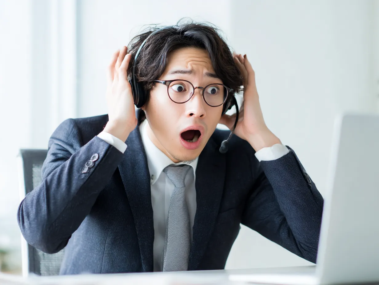 驚く表情の男性オペレーター｜ヘッドセットを装着した若手男性が、大きく見開いた目と口元で驚きを表現。白を基調とした明るい室内で、想定外の状況に直面した瞬間をドラマチックに切り取った構成です。