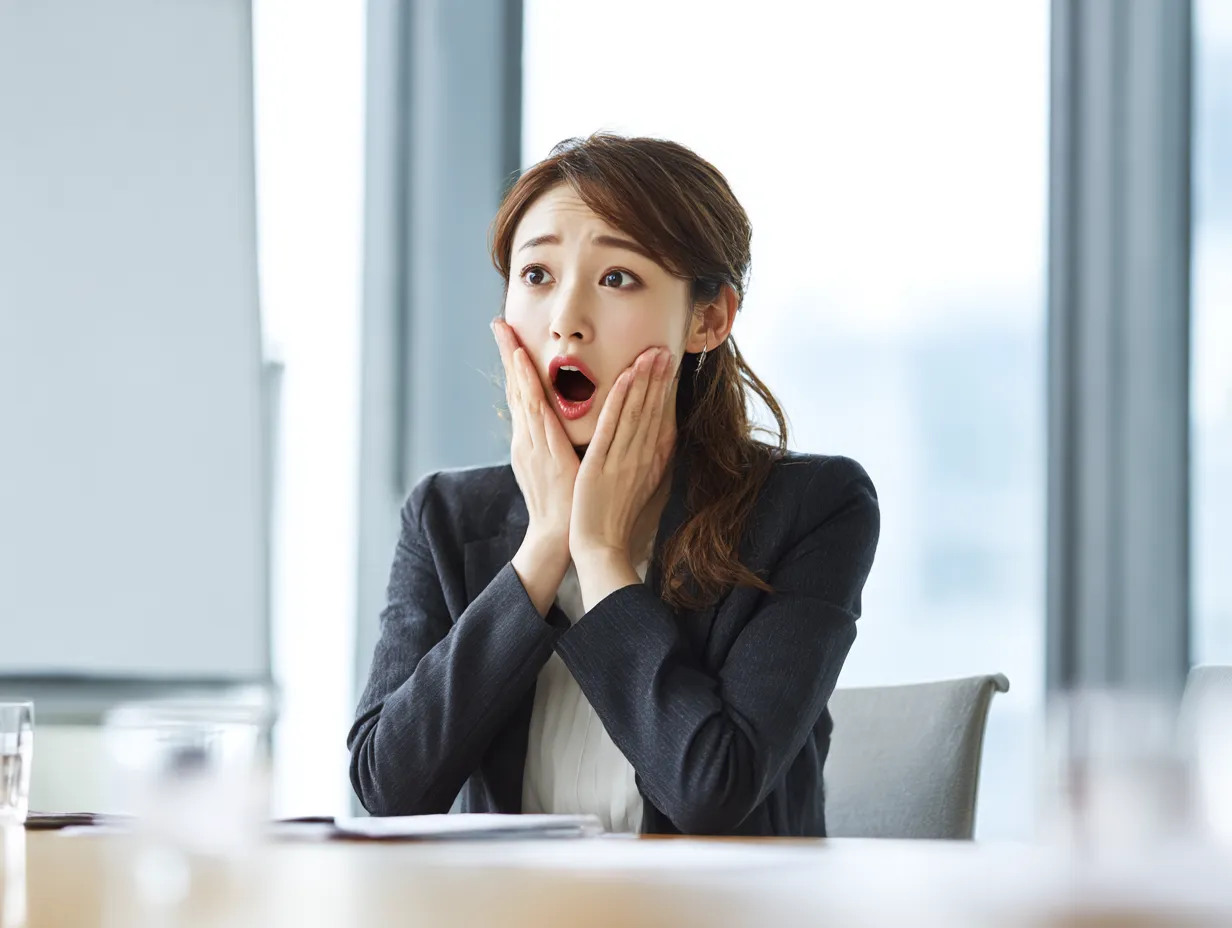 動揺する女性社員のリアクション｜両手で頬を包み、口を開けて固まる女性の姿。画面構成は明るく自然光を取り込み、驚きと戸惑いの感情が共存するシーンを丁寧に演出しています。