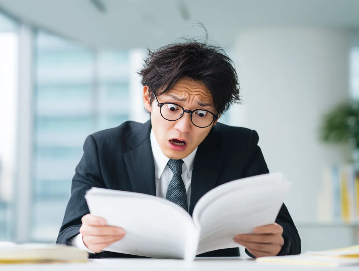 書類に驚くスーツ姿の男性｜資料をめくる手を止め、眉をひそめた男性が焦るような表情で紙面を見る構図。背景のオフィスとシンプルな配色が、リアルなビジネスの驚きの瞬間を強調しています。