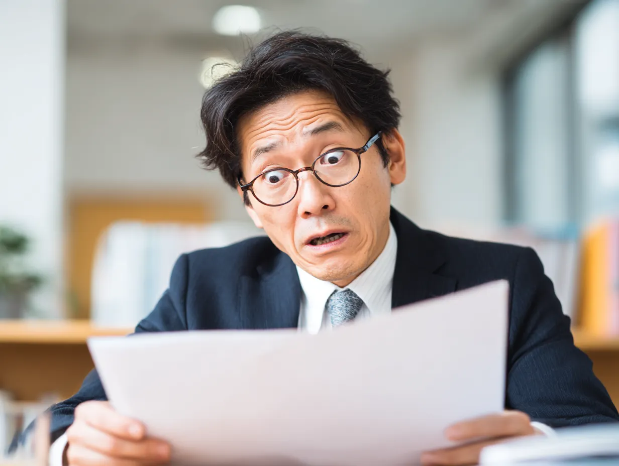 びっくり顔のビジネスマン（書類）｜驚きを隠せない表情が印象的なビジネスマンの写真素材です。びっくりという感情をリアルに伝える構図とライティングで、資料や通知に対する反応を演出する場面にぴったりです。