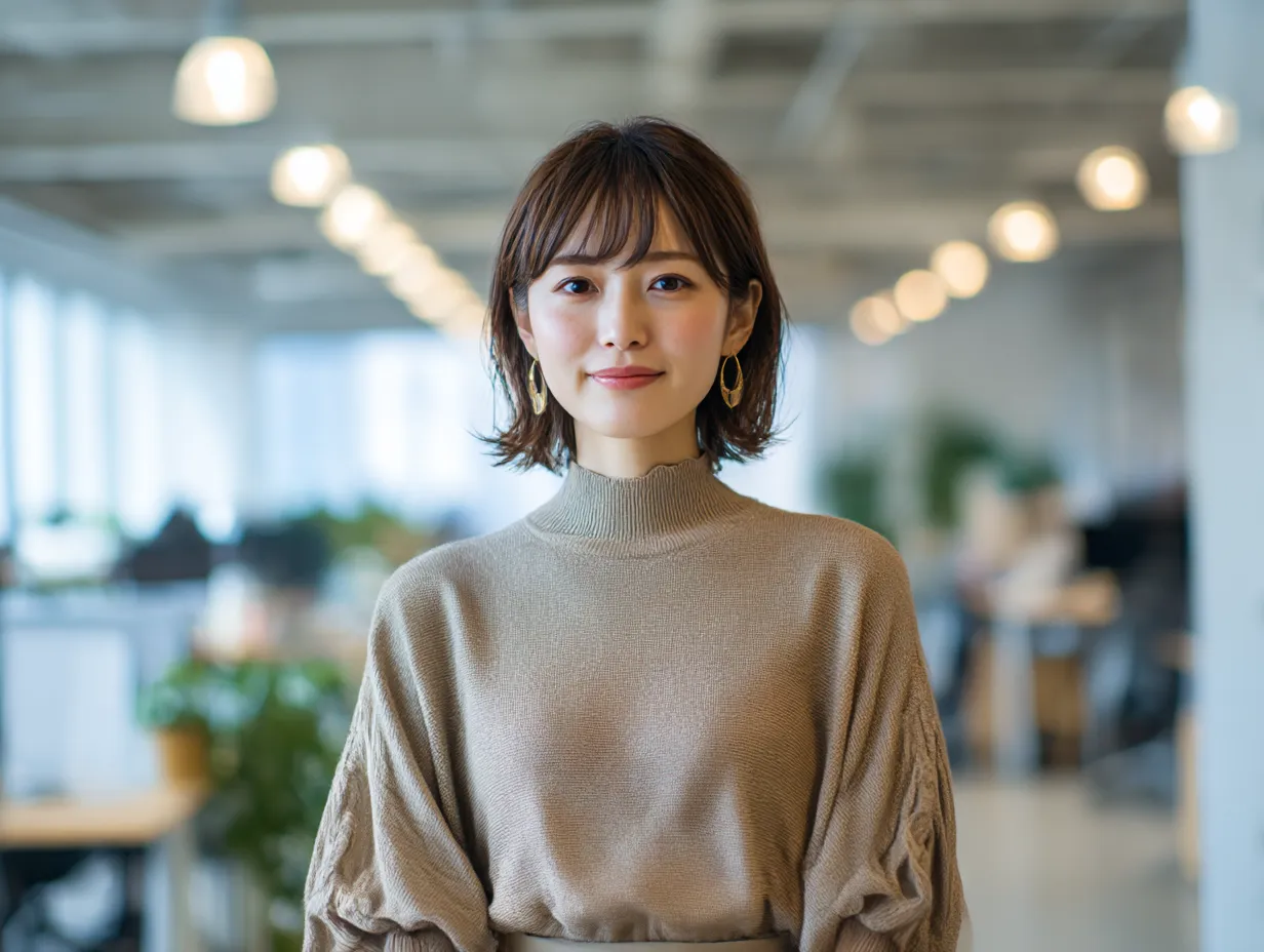 働く女性のナチュラルポートレート｜ナチュラルな表情と柔らかな照明が特徴で、リラックスした雰囲気の中に知的さが漂うビジネス写真素材。働く女性のリアルな日常に焦点を当てた1枚です。