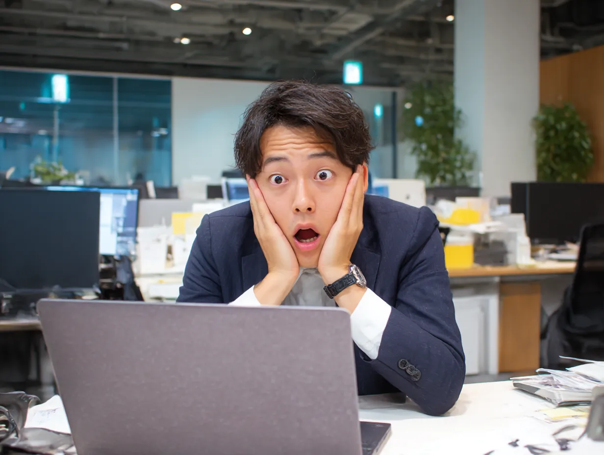 びっくりして動揺する若手社員｜顔を手で押さえた驚きの表情が強調された写真です。オフィスの雑多な背景と合わせて、びっくりによる混乱や緊張感をリアルに伝えたいシーンに使いやすい構図です。