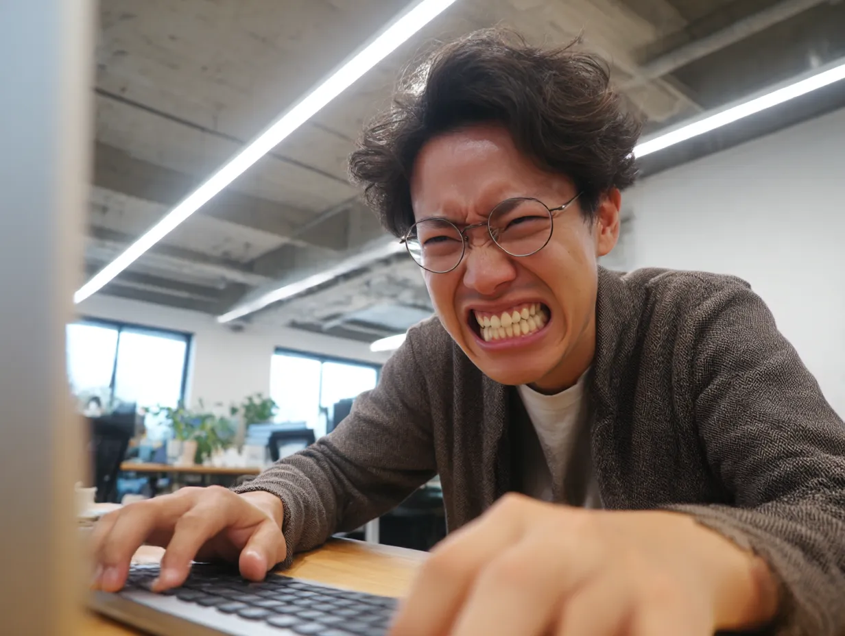 怒ってパソコンを打つ男性｜感情を抑えきれないような怒りの表情でキーボードを打つ若手男性。カジュアルな服装と近距離構図が特徴で、びっくりをきっかけに怒りへ移る流れを表現しやすい素材です。
