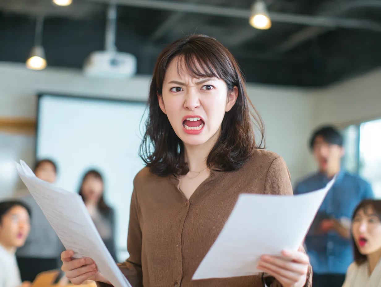 怒って抗議する女性社員の姿｜書類を手にして怒りの声を上げる女性の写真素材。背景には驚く表情の周囲の人々も写っており、びっくりを共有する空気感を演出する場面にぴったりな構成です。