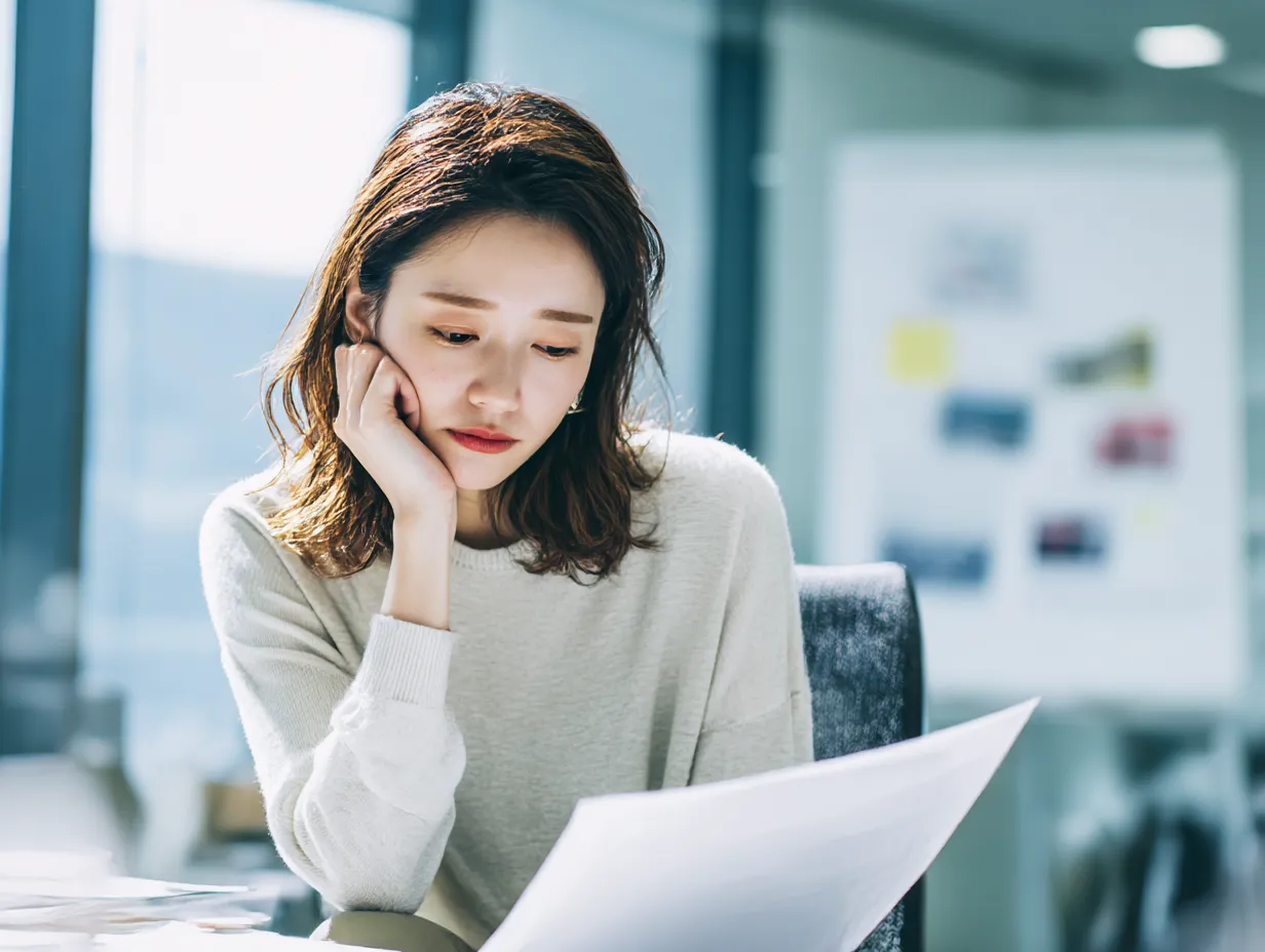 悩む女性社員の書類確認シーン｜柔らかな自然光の中、資料を見つめながら静かに悩む女性の表情を切り取った素材です。思考の深さやびっくりする出来事に直面したあとの静かな戸惑いを表現するのに適しています。