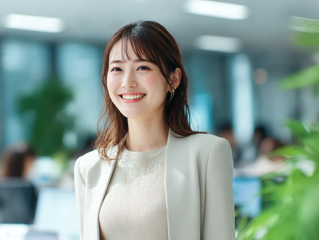 働く女性のオフィススマイル｜明るい笑顔と清潔感のあるジャケットスタイルが印象的な写真素材。働く女性の信頼感や親しみやすさを伝えるシーンとして、ビジネス用途に最適です。