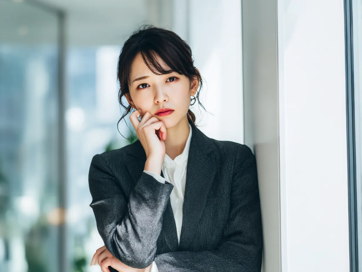 悩むスーツ女性の思案ポーズ｜白い壁にもたれ、視線を宙に漂わせる姿勢が印象的な悩む女性。内省的で静かなトーンの写真で、びっくりした後の思考や決断を描くシーンに適しています。