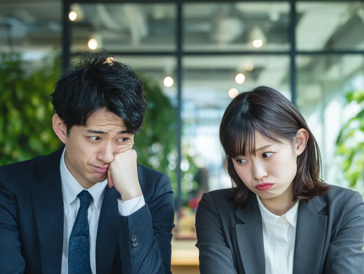 悩む男女社員の表情対比構図｜並んで座る男女がそれぞれに悩む表情を見せる構成で、コミカルさとリアルさが共存する写真です。びっくりした結果の反応の違いを表現したいときに便利な素材です。